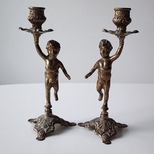 Vintage Brass Cherub Candle Stick Holders Ornate‎ Base Pair 2 Boys Italian
